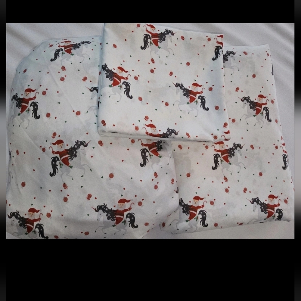 Santa Claus Riding A Unicorn Sheet Set Queen Flat Fitted 2 Pillowcases Holiday - Picture 2 of 11